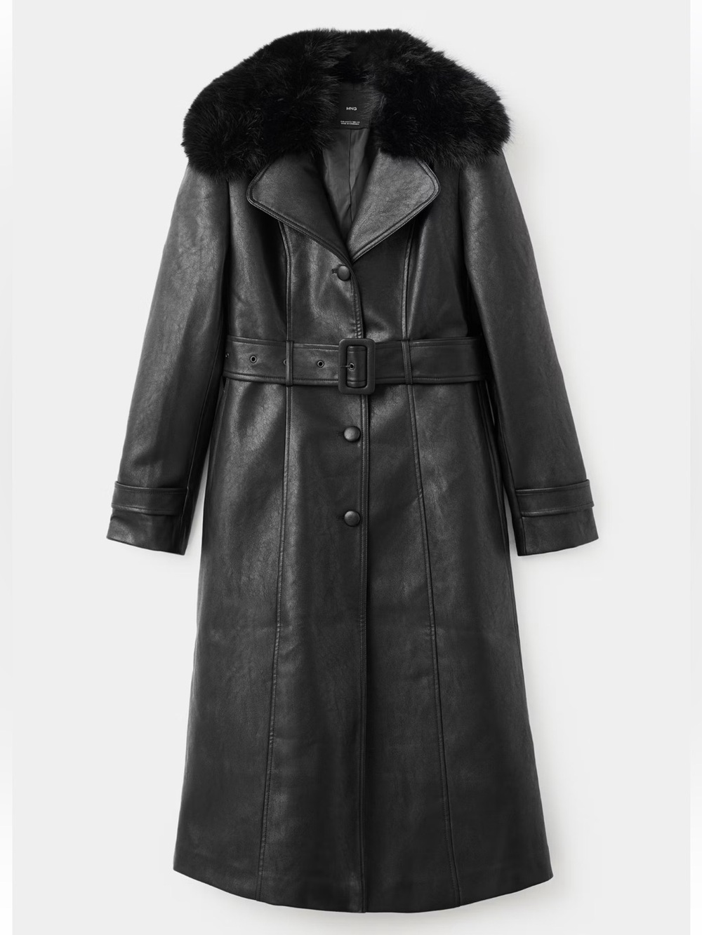 Mango Black Faux Leather Trench Coat with Fur Collar